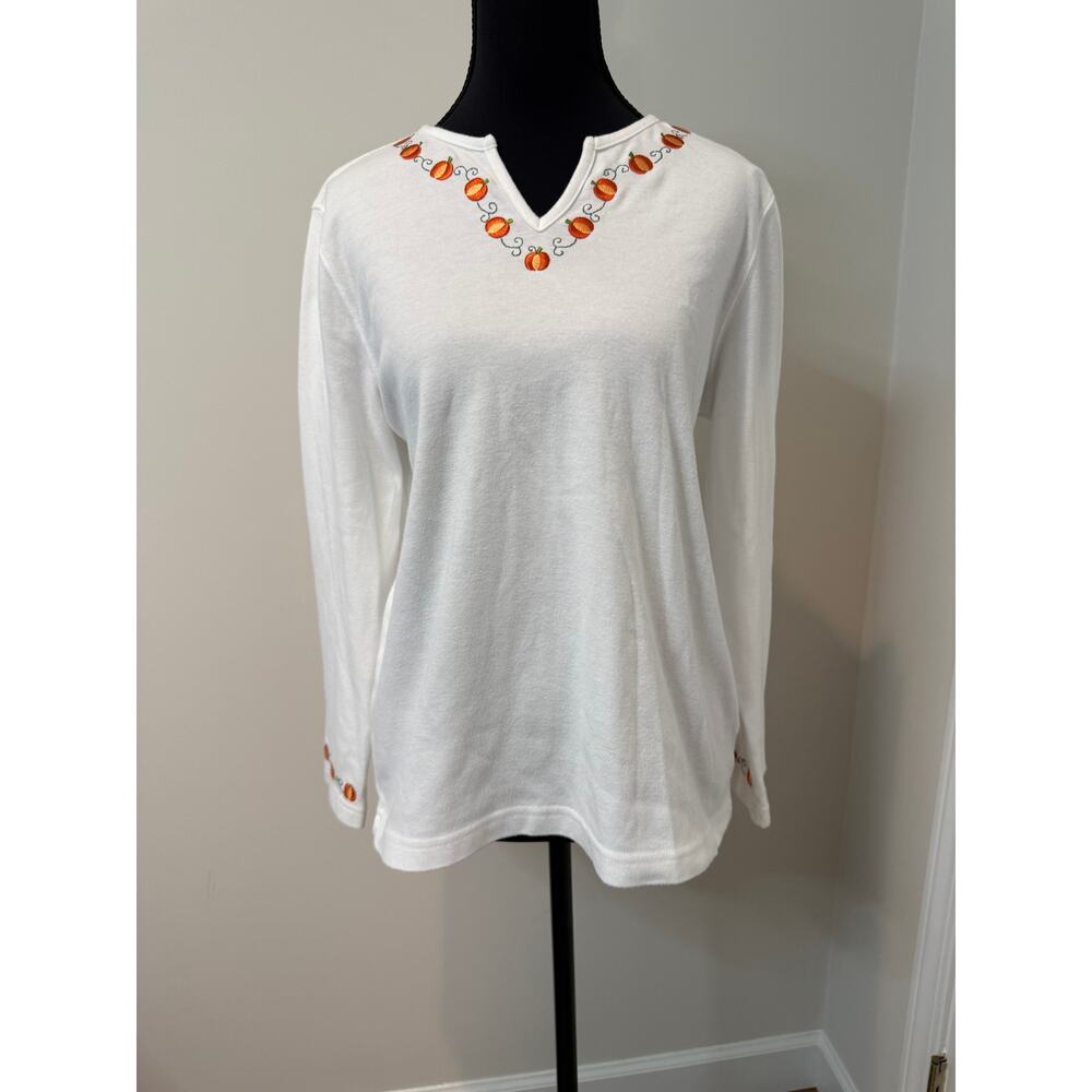 Womens White long Sleeve Top with embroidered pumpkin detailing